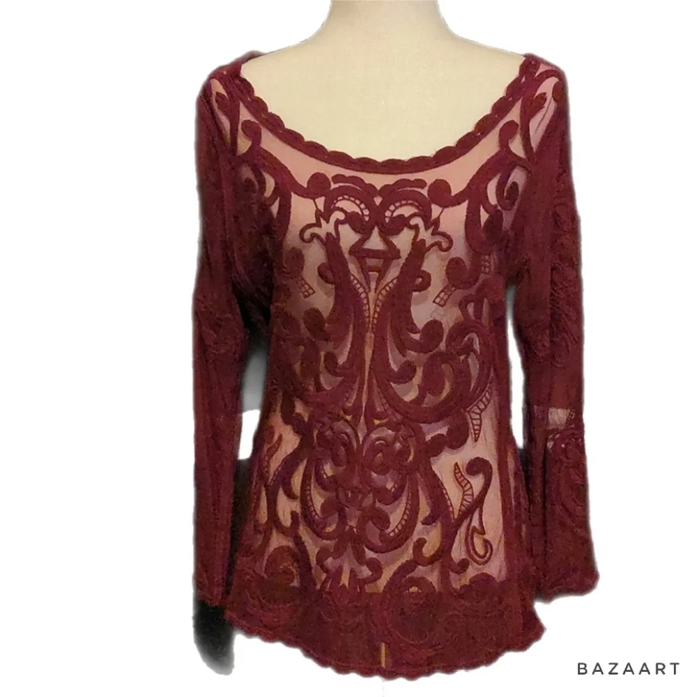 Express maroon see through mesh embroidered long sleeve top size medium